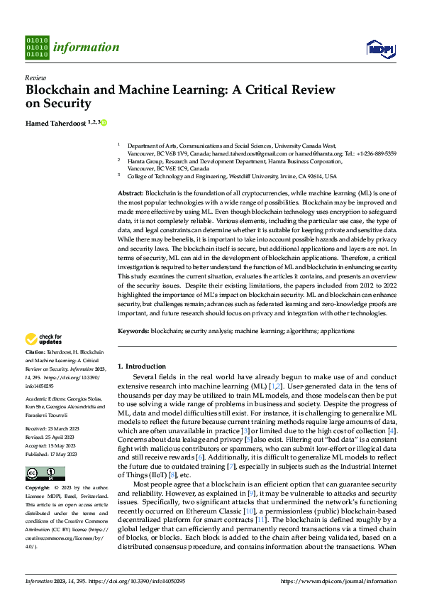 (PDF) Blockchain and Machine Learning: A Critical Review on Security