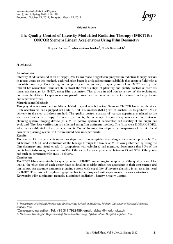 (PDF) The Quality Control of Intensity Modulated Radiation Therapy ...