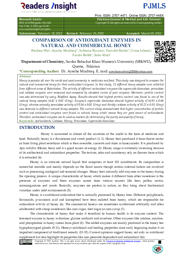 (PDF) Comparison of Antioxidant Enzymes in Natural and Commercial Honey