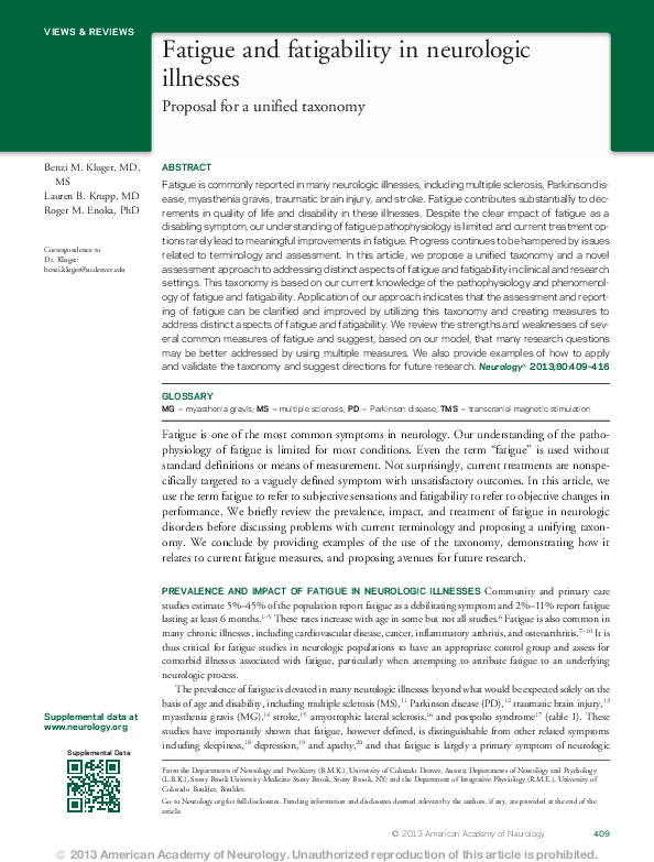 (PDF) Fatigue and fatigability in neurologic illnesses: Proposal for a ...
