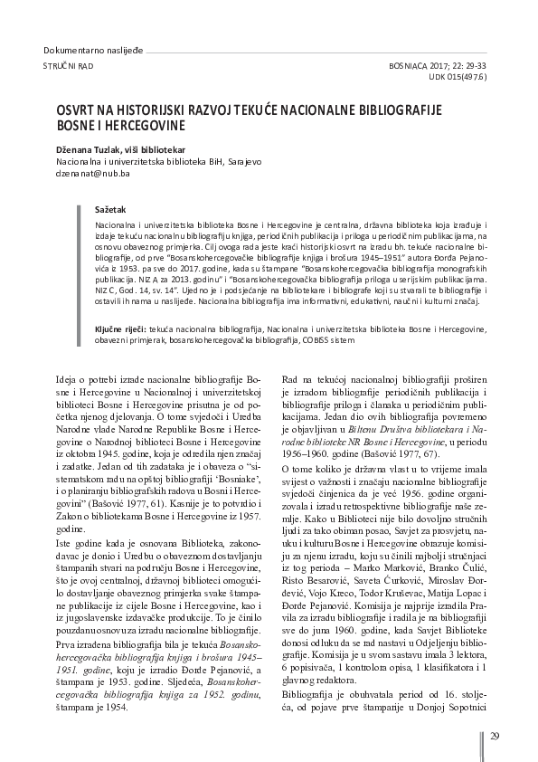 (PDF) Osvrt na historijski razvoj tekuće nacionalne bibliografije Bosne ...