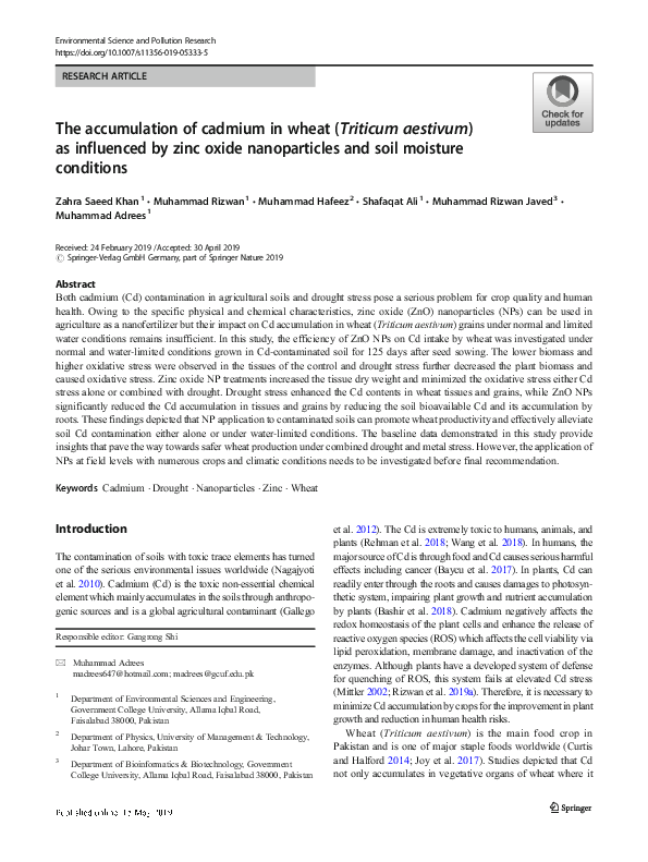(PDF) The accumulation of cadmium in wheat (Triticum aestivum) as ...
