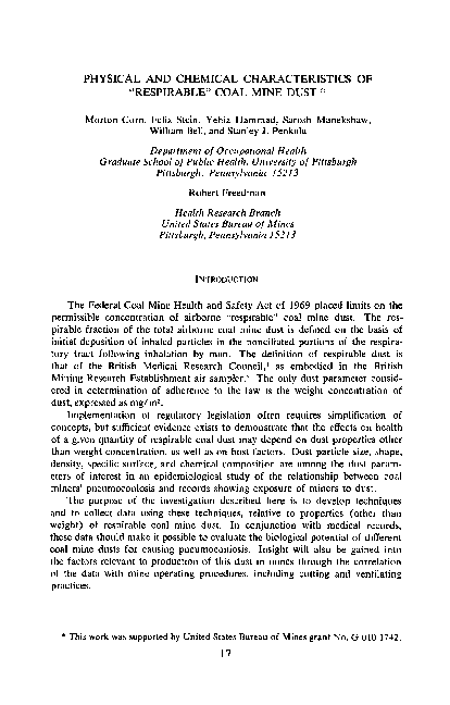 (PDF) Physical and Chemical Characteristics of "Respirable" Coal Mine Dust