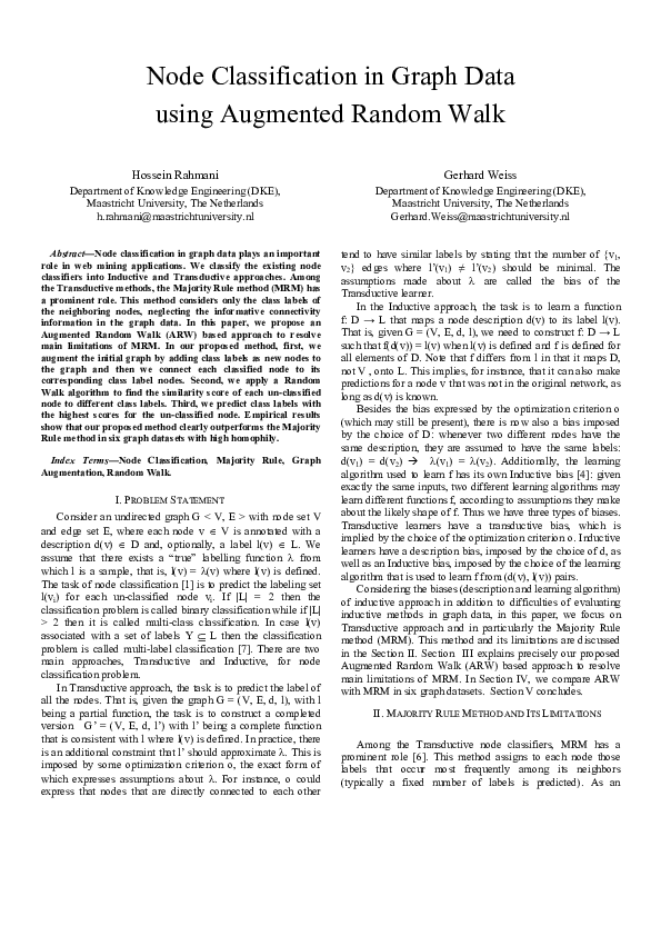 (PDF) Node Classification in Graph Data using Augmented Random Walk