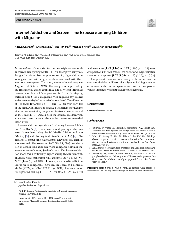 (PDF) Internet Addiction and Screen Time Exposure Among Children with ...