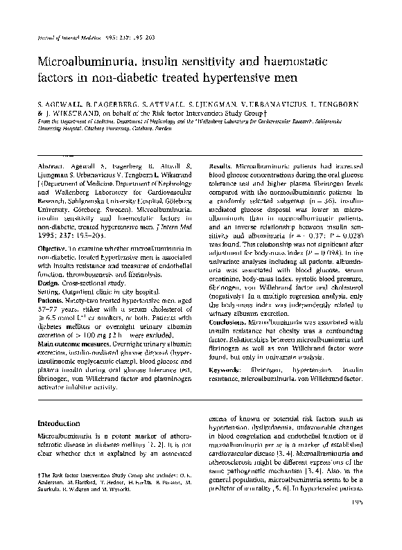 Microalbuminuria, insulin sensitivity and haemostatic factors in non-diabetic treated hypertensive men