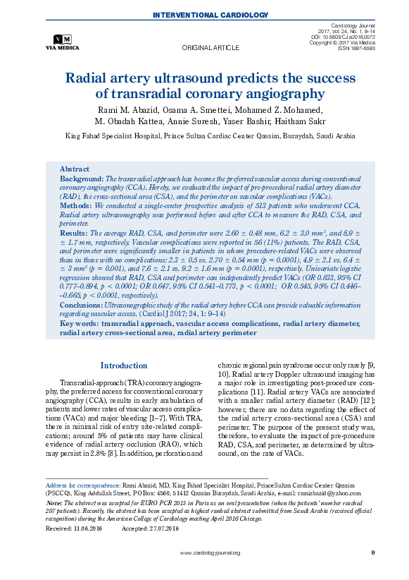 (PDF) Radial artery ultrasound predicts the success of transradial ...