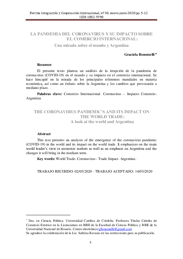 (PDF) Pandemia Del Coronavirus y Su Impacto Sobre El Comercio Internacional