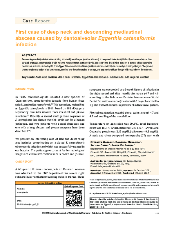 (PDF) First case of deep neck and descending mediastinal abscess caused ...