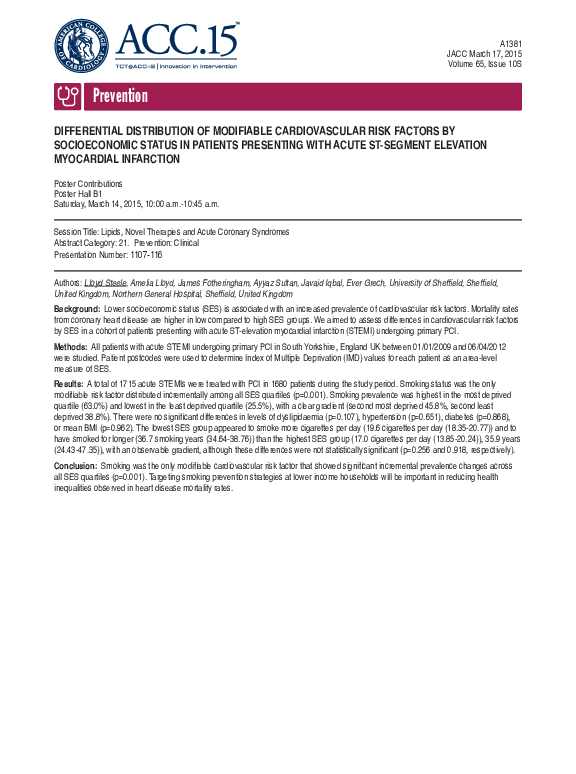 Differential Distribution of Modifiable Cardiovascular Risk Factors by Socioeconomic Status in Patients Presenting with Acute ST-Segment Elevation Myocardial Infarction