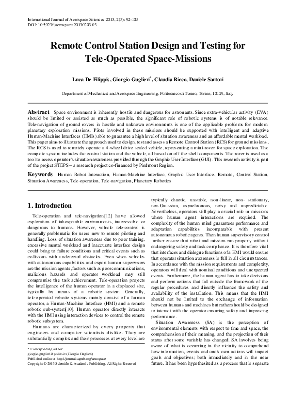 (PDF) Remote Control Station Design and Testing for Tele-Operated Space ...