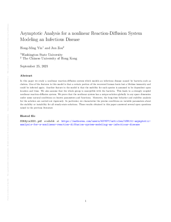 (PDF) Asymptotic Analysis for a nonlinear Reaction-Diffusion System ...
