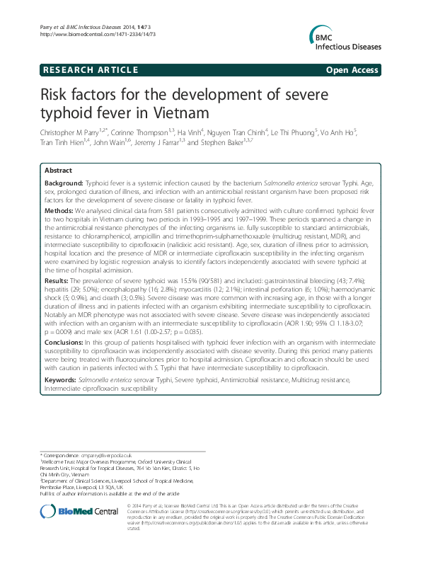 (PDF) Risk factors for the development of severe typhoid fever in Vietnam