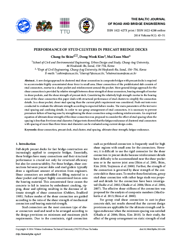 (PDF) Performance of stud clusters in precast bridge decks