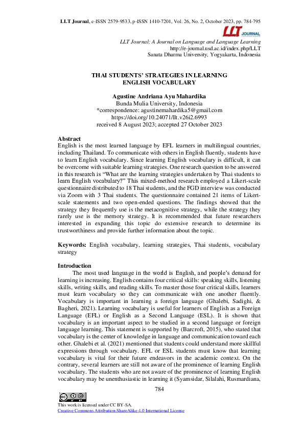 (PDF) Thai Students’ Strategies in Learning English Vocabulary