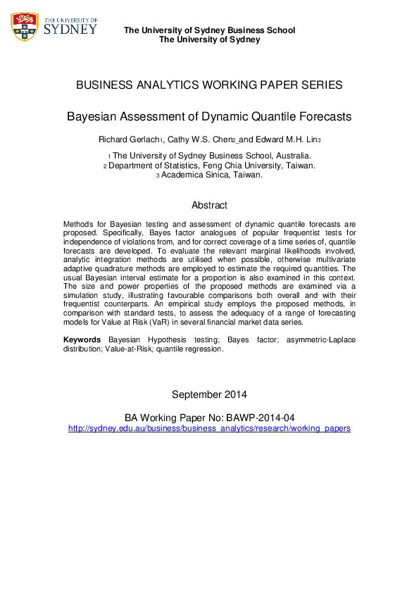 (PDF) Bayesian Assessment of Dynamic Quantile Forecasts
