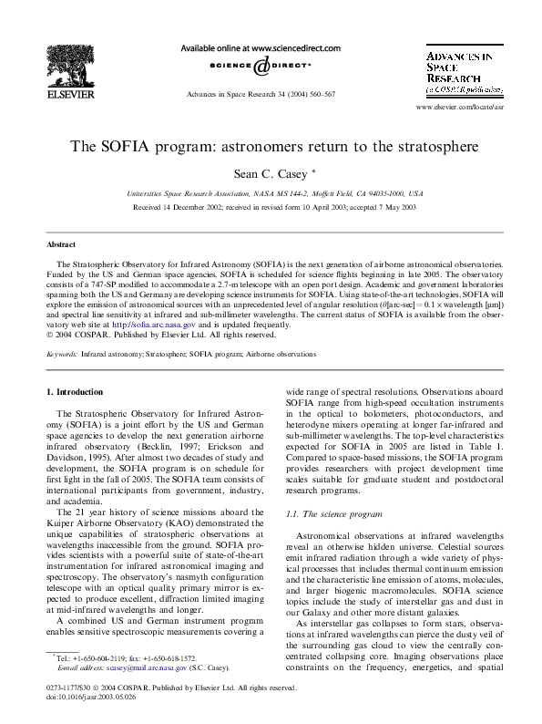 (PDF) The SOFIA program: astronomers return to the stratosphere | Sean ...