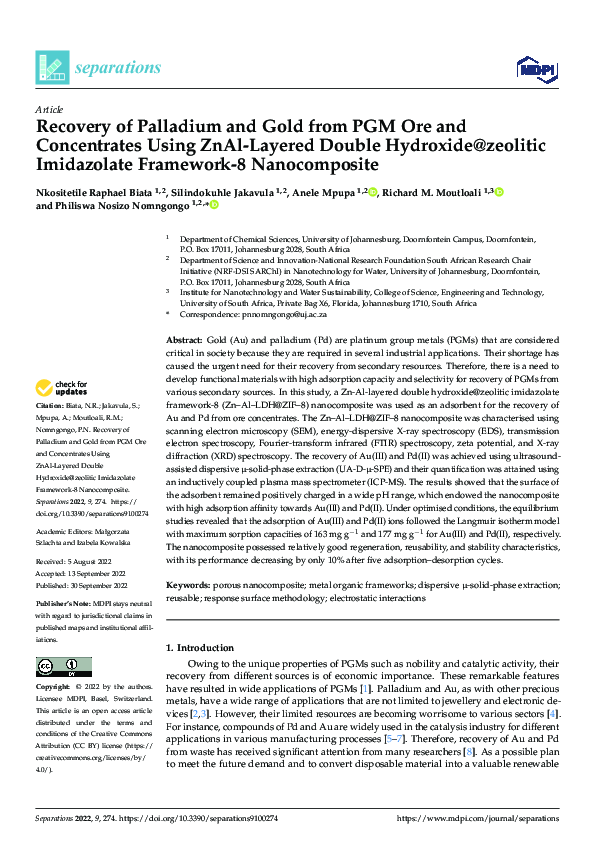 (PDF) Recovery of Palladium and Gold from PGM Ore and Concentrates ...