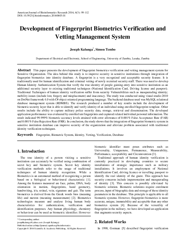 (PDF) Development of Fingerprint Biometrics Verification and Vetting ...