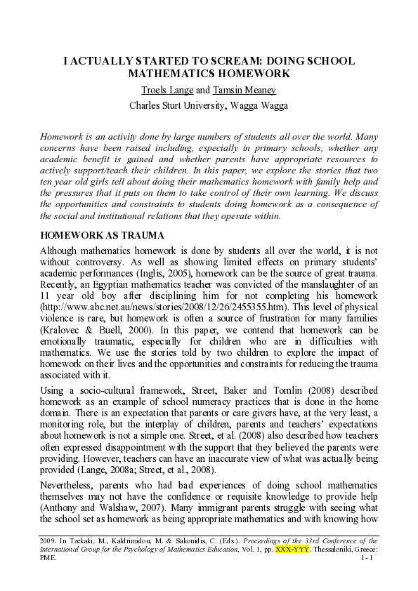 (PDF) I actually started to scream: Doing school mathematics homework