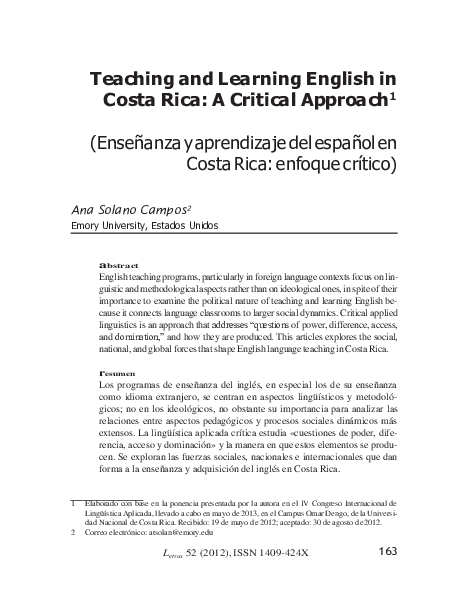 (PDF) Teaching and Learning English in Costa Rica: A Critical Approach