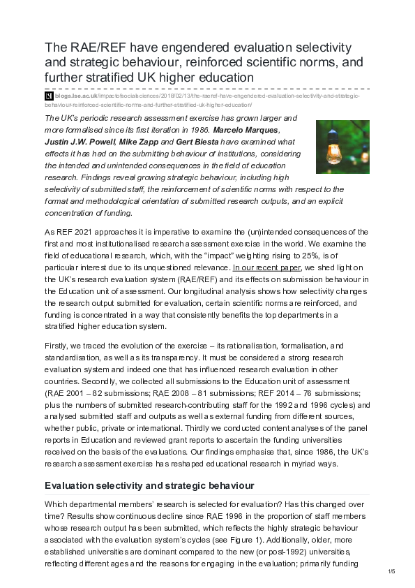 (PDF) The RAE/REF have engendered evaluation selectivity and strategic ...