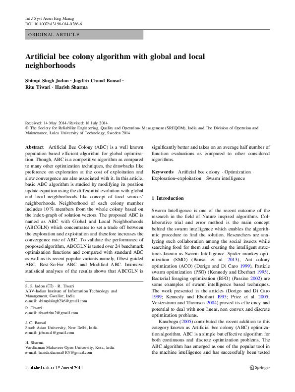(PDF) Artificial bee colony algorithm with global and local neighborhoods
