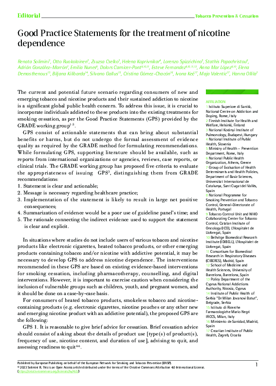 (PDF) Good Practice Statements for the treatment of nicotine dependence