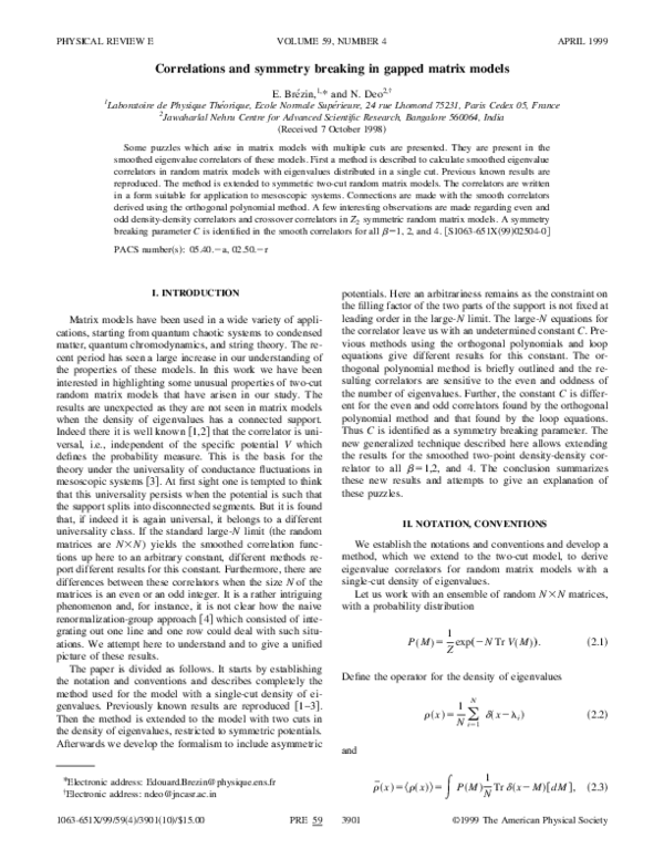(PDF) Correlations and symmetry breaking in gapped matrix models