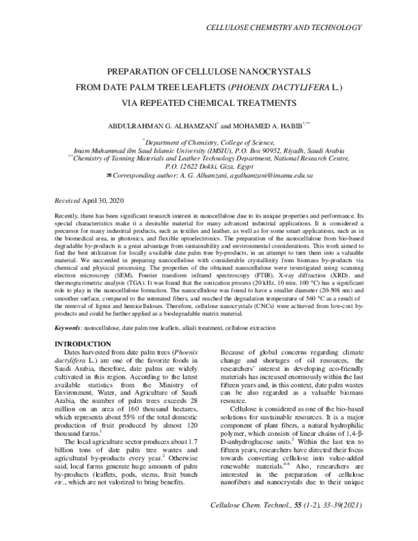 (PDF) Preparation of Cellulose Nanocrystals from Date Palm Tree ...