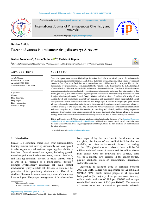 (PDF) Recent advances in anticancer drug discovery: A review