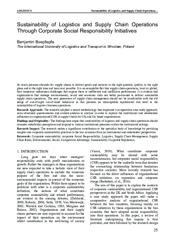 (PDF) Sustainability of logistics and supply chain operations through ...