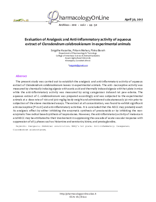 (PDF) Evaluation of Analgesic and Anti-inflammatory activity of aqueous ...
