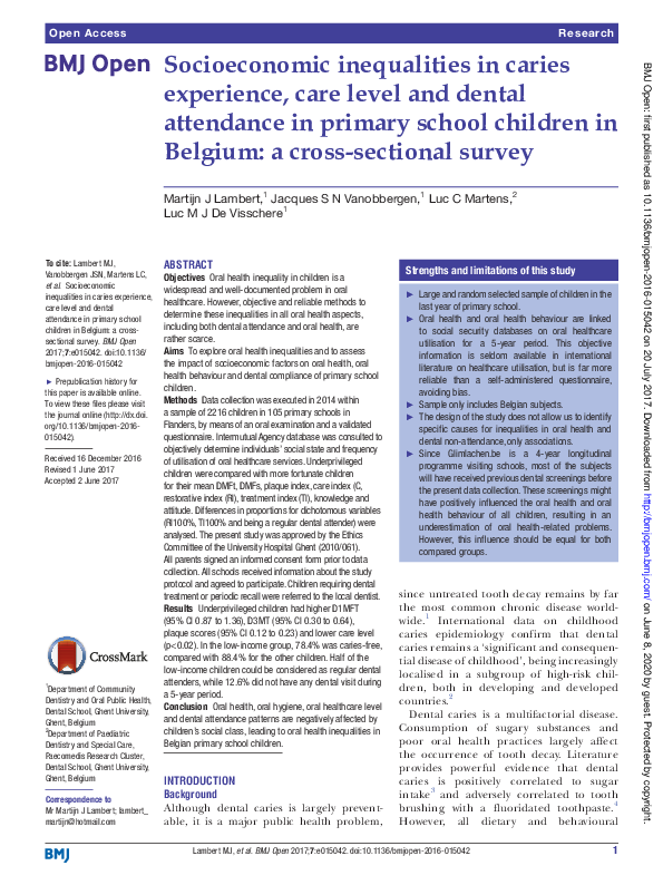 (PDF) Socioeconomic inequalities in caries experience, care level and ...