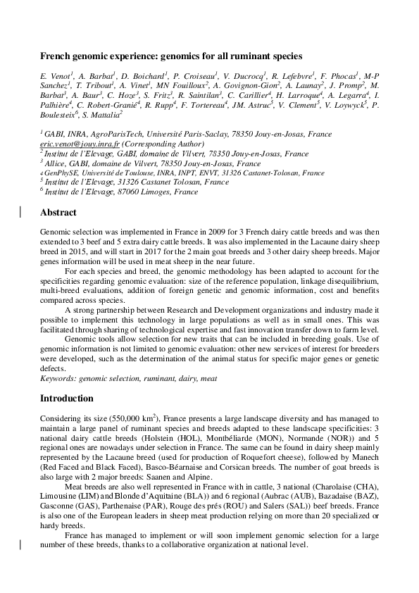 (PDF) French genomic experience genomics for all ruminant species