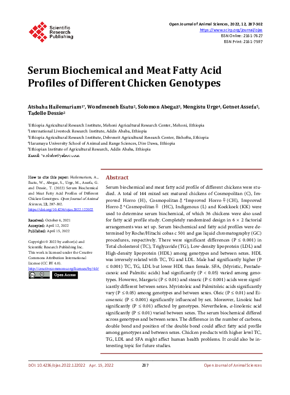(PDF) Serum Biochemical and Meat Fatty Acid Profiles of Different ...