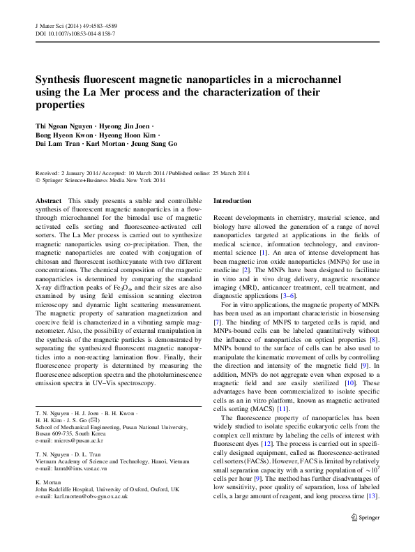 (PDF) Synthesis fluorescent magnetic nanoparticles in a microchannel ...