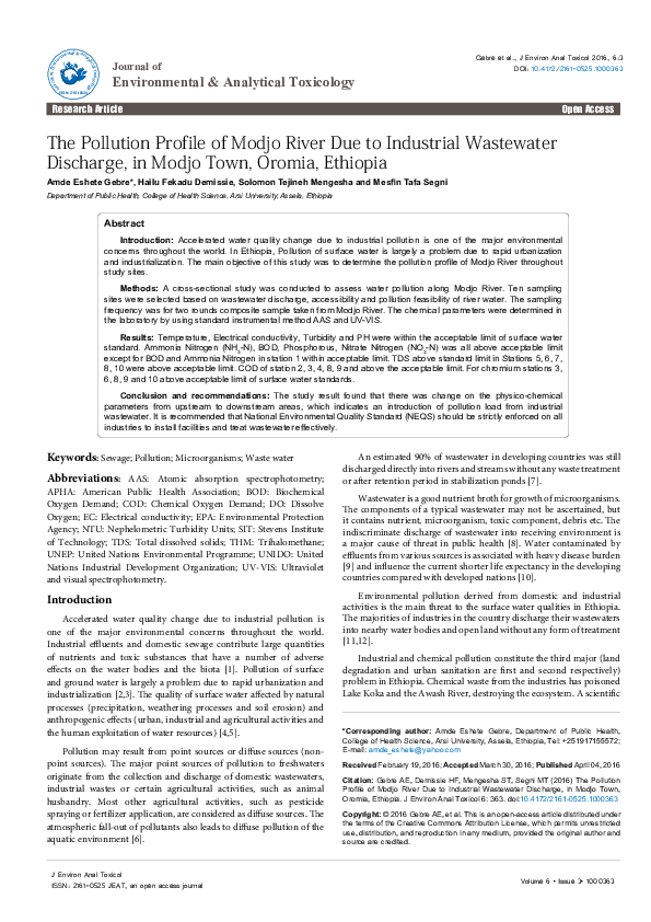 (PDF) The Pollution Profile of Modjo River Due to Industrial Wastewater ...