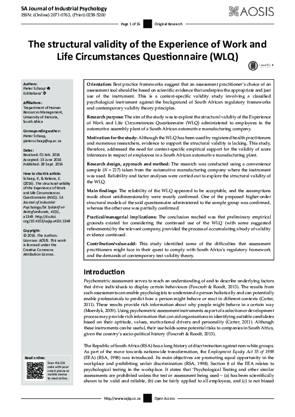 (PDF) The structural validity of the Experience of Work and Life ...