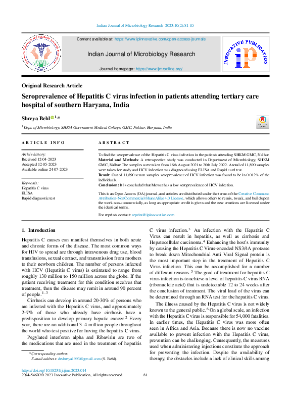 (PDF) Seroprevalence of Hepatitis C virus infection in patients ...