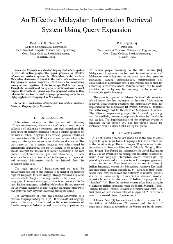 (PDF) An effective Malayalam information retrieval system using query ...