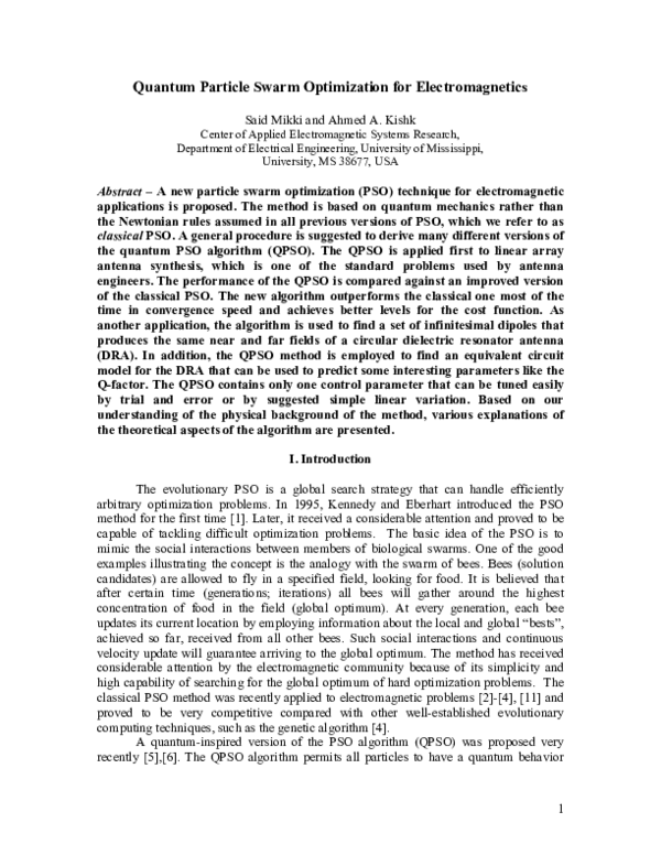 (PDF) Quantum Particle Swarm Optimization for Electromagnetics