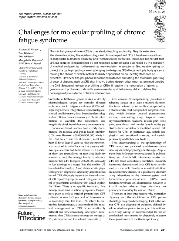 (PDF) Challenges for molecular profiling of chronic fatigue syndrome