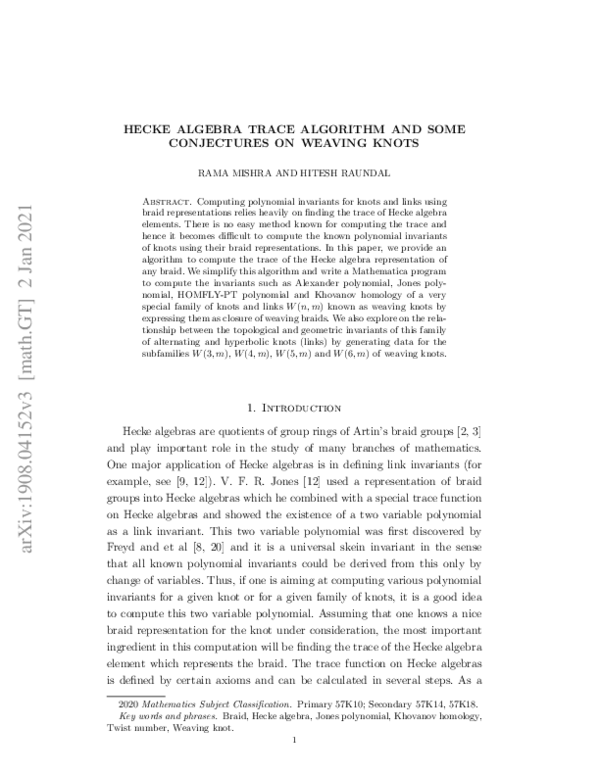 (PDF) Hecke algebra trace algorithm and some conjectures on weave knots