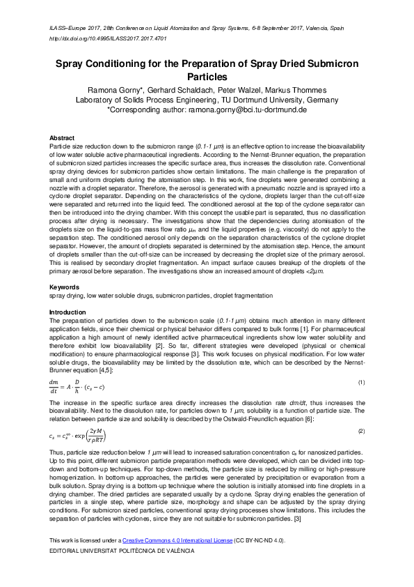 (PDF) Spray Conditioning for the Preparation of Spray Dried Submicron ...