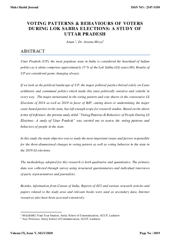 (PDF) VOTING PATTERNS & BEHAVIOURS OF VOTERS DURING LOK SABHA ELECTIONS ...