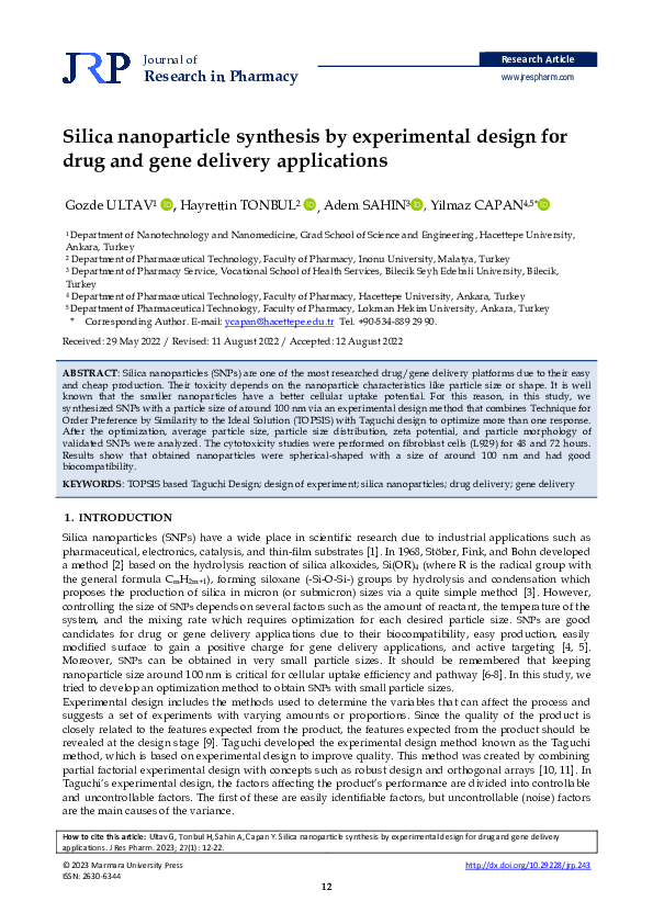 (PDF) Silica nanoparticle synthesis by experimental design for drug and ...