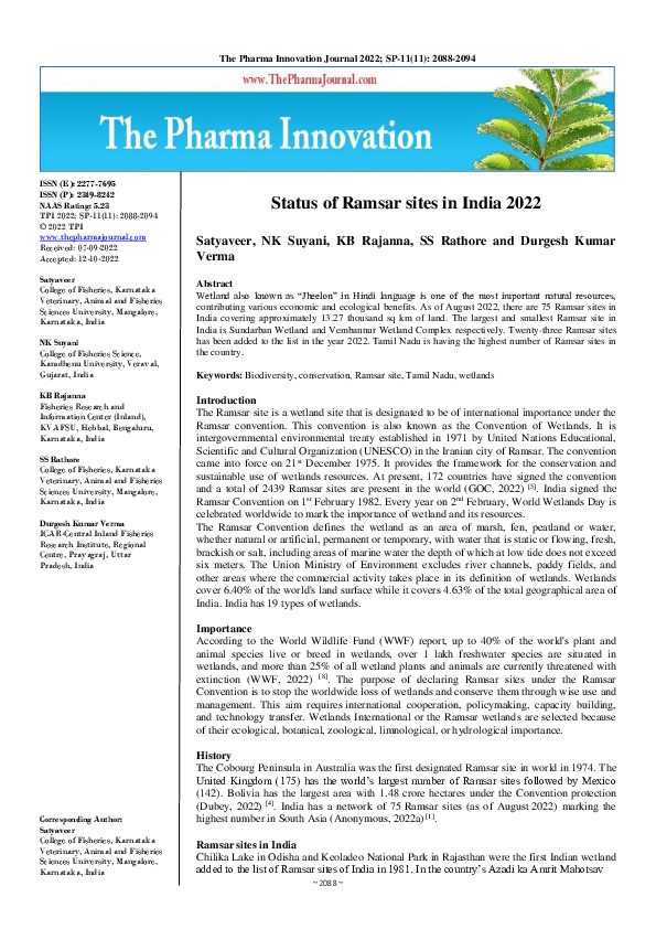 (PDF) Status of Ramsar sites in India 2022