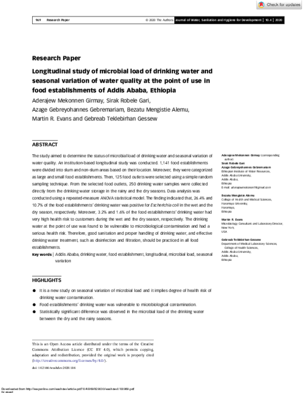(PDF) Longitudinal study of microbial load of drinking water and ...