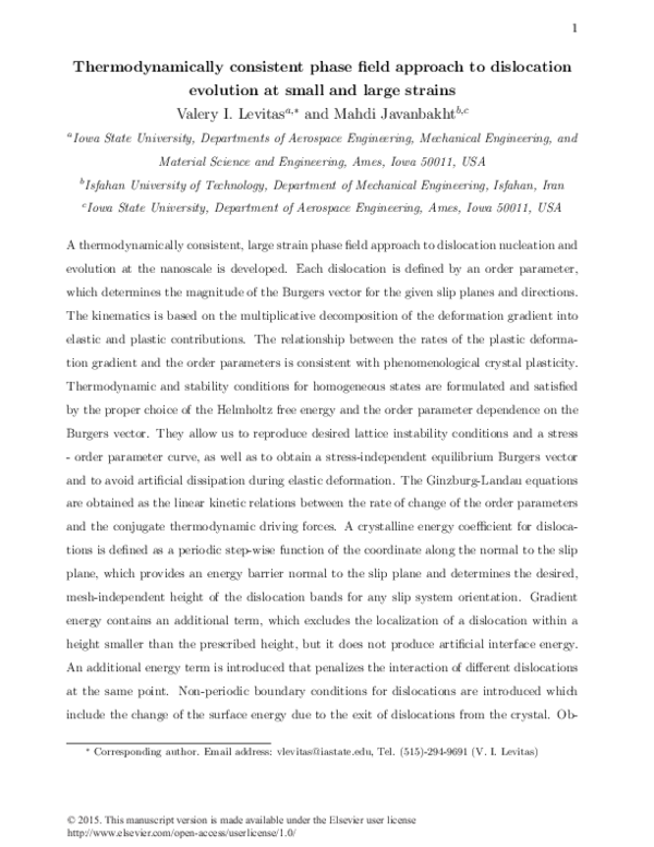 (PDF) Thermodynamically consistent phase field approach to dislocation ...